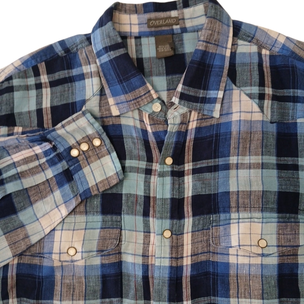 Overland‎ Western Pearl Snap Linen Shirt Pockets Blue Long Sleeve XXL